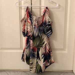 Tropical print cold shoulder romper